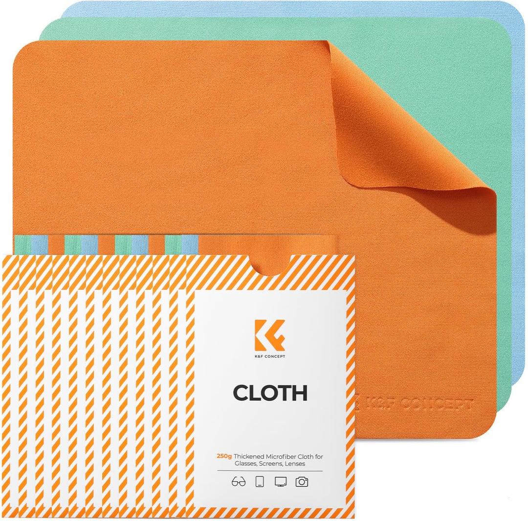 K&F CONCEPT 12 Pack Lens Cleaning Cloth | Microfiber Cleaning Cloth | Glasses Cleaning Cloths | Eyeglass Lens Cleaner | Eyeglasses, Camera Lens, VR/AR Headset Screen Cleaning | Orange & Green & Blue