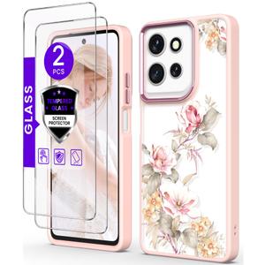 for Motorola G 5G 2025 Case+Tempered Glass Screen Protector, Military Grade Protective Slim Soft TPU+Hard PC,Girls Women Crystal Clear Flower Pattern Case Cover for Moto G 5G 2025 (Ranunculus)