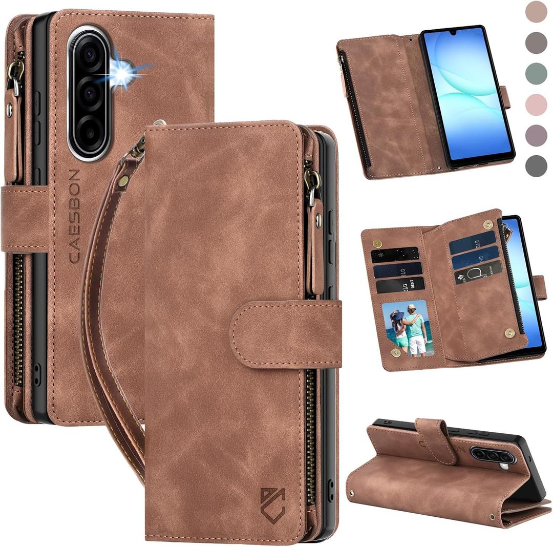 for Samsung Galaxy A17-5G-Wallet Case: with RFID Blocking Card Slots (6 Cards) | Soft PU Leather Magnetic Snap Zipper Pocket | Crossbody Wrist Strap Protective Phone Cover - Brown