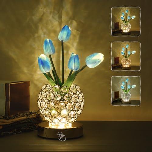 Tulip Crystal Flower Lamp Touch Lamp,Rechargeable Cordless Table Lamp, 3-Colour Infinitely Dimming Battery Powered Small Night Light,Gift for Mom for Valentine Day,Mothers Day,Xmas,Birthday (Blue)