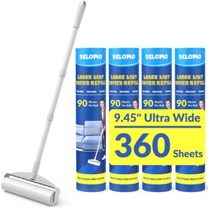 Large Lint Rollers for Carpet, Sticky Rollers for Floor DELOMO 9.45 in with 3 Extendable Handle, Long Handle Sticky Mop for Cleaning Carpets, Cars, Clothing, and Pet Hair