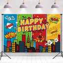 7x5ft Cartoon Super City Backdrop Superhero Birthday Theme Decoration Banner for Children Boys Heros Comic Party Decorations Urban Cityscape Night View Boom City Buildings Background
