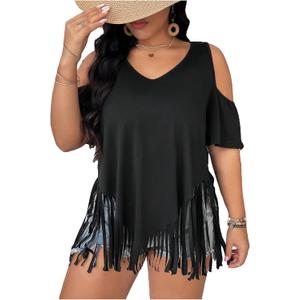 Women's Plus Size Fringe Hem V Neck Tops Short Sleeve Cold Shoulder T Shirts Top (XX-Large Plus, Black)