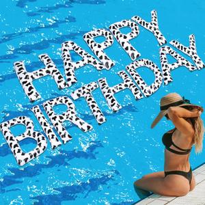 20'' Happy Birthday Float Large Pool Party Cow Print Inflatable Floats Letters Decoration with 40 Adhesive Dots and Pump for Pool Summer Hawaii Luau Birthday Party