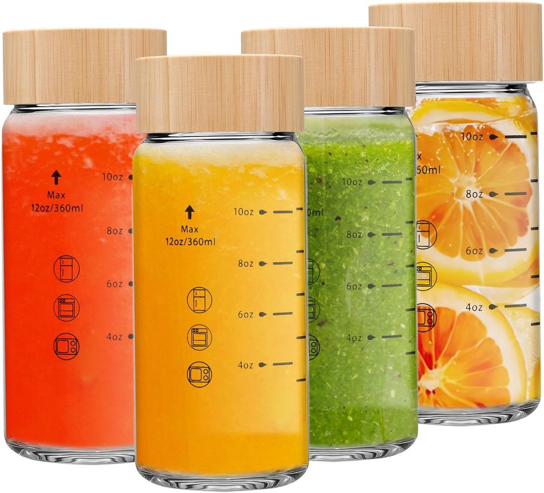 12oz Juice Bottles - 4 Pack Wide Mouth Glass Bottles with Lids- BPA Free, Bamboo Lids for Juicing, Smoothies, Infused Water, Beverage Storage - Leakproof, Borosilicate, Clear