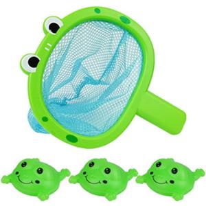 Baby Bath Toys 1 Pcs Frog Animals Fishing Net with 3 Pcs Water Floating Sea Animals Frog Toys, Bathroom Pool Water Floating Accessory Duck Crab Frog Fishing Play Set for Toddlers