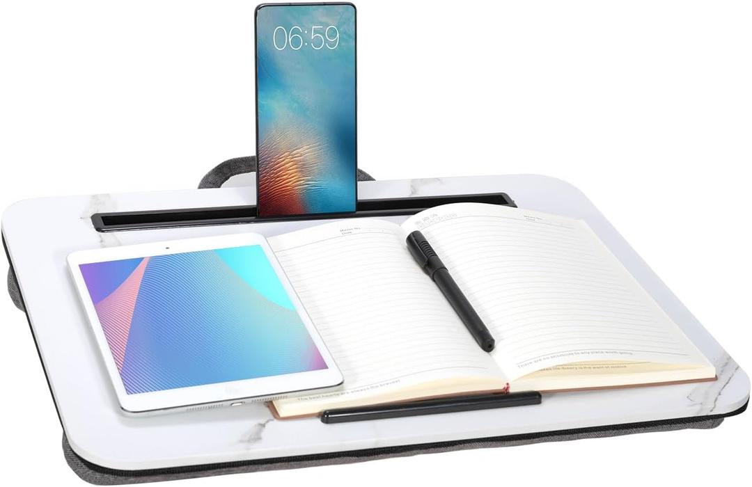 Lap Desk, Portable Laptop Desk Fits Up to 16 Laptops, with Tablet Slot, Built-in Cushion, Great for Home & Office,Lap Desk with Cushion (White Marble, Medium)