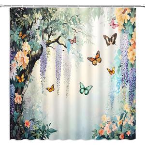 Floral Butterfly Shower Curtain Rustic Purple Weeping Wisteria Blossom Watercolor Flower Green Leaves Spring Garden Nature Scenery Bathroom Decor Polyester Curtains with Hooks,70Wx70L