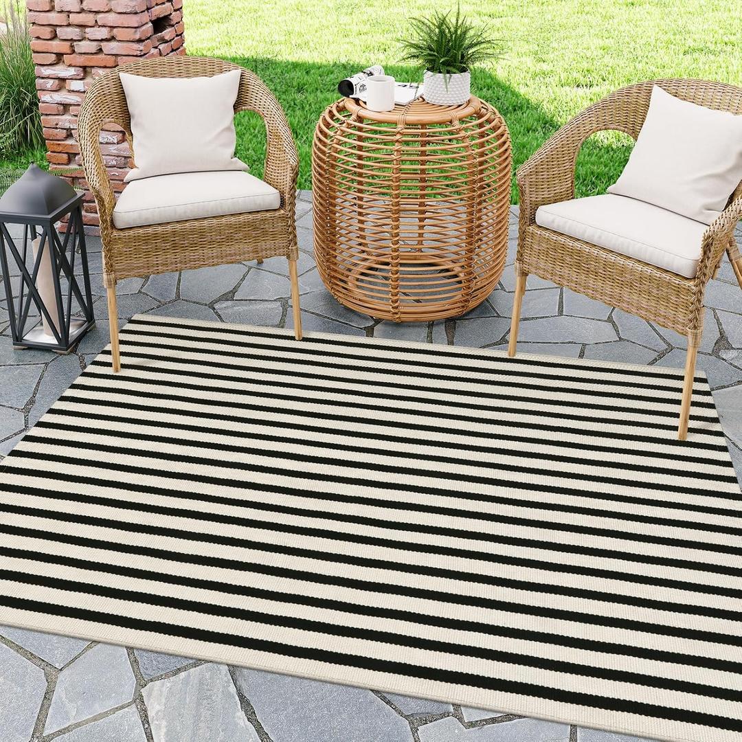 LEEVAN Black and White Outdoor Rug 4x6 ft, Cotton Farmhouse Striped Porch Rugs Hand-Woven Front Door Mat Modern Patio Rug Washable Indoor/Outdoor Area Rugs for Living Room Bedroom Balcony Backyard