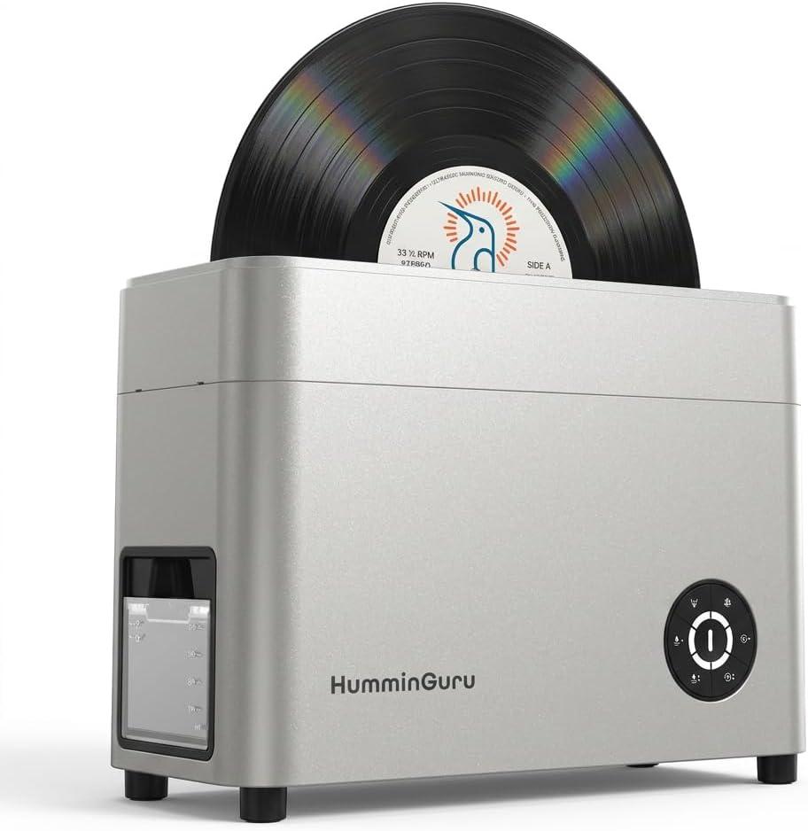 HumminGuru Ultrasonic Vinyl Record Cleaner- 40kHz Ultrasonic Vinyl Record Cleaning Machine with Auto Drying, Vinyl Cleaner Kit with Filters, (Sliver, 7/10/12 Inch)