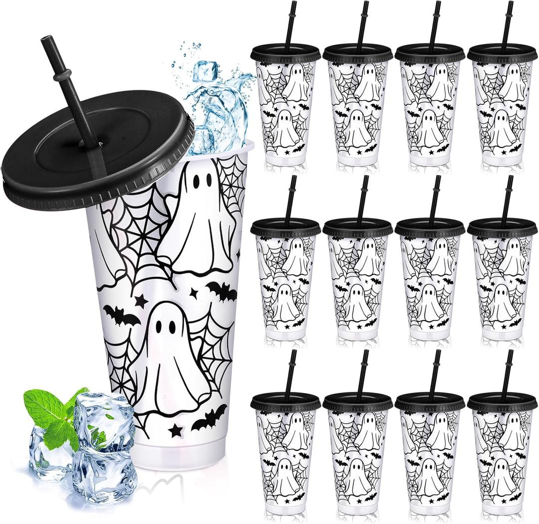 12 Pcs Halloween Plastic Cups with Lids and Straws 24 oz Reusable Halloween Tumbler Ghost Drinking Coffee Cup for Women Home Office Decoration Birthday Party Favors
