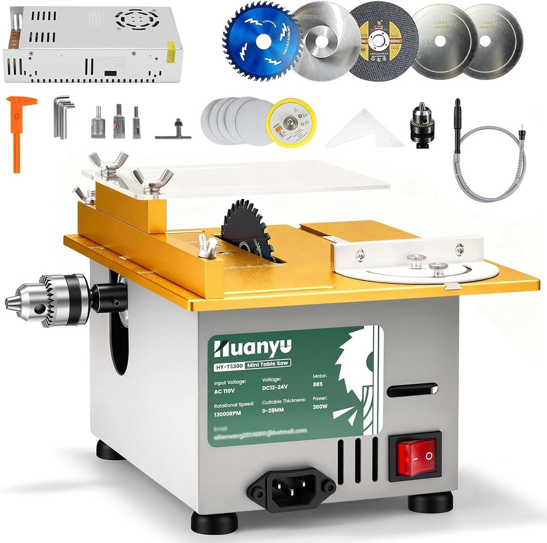 Huanyu Mini Table Saw 300W Precision Liftable Blade Hobby Saws Woodcrafts 1.14" Cut Depth Multifunctional Cutting Polishing Portable Electric Small Table Saw for DIY Woodworking Model Making