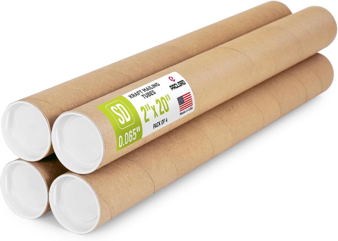 2" x 20" Reinforced Kraft Paper Mailing Tube, Pack of 4 Tubes with 8 Caps – Secure USPS Approved Poster Tube – Made in USA Cardboard Tube for Shipping and Storing Posters, Prints, Artwork