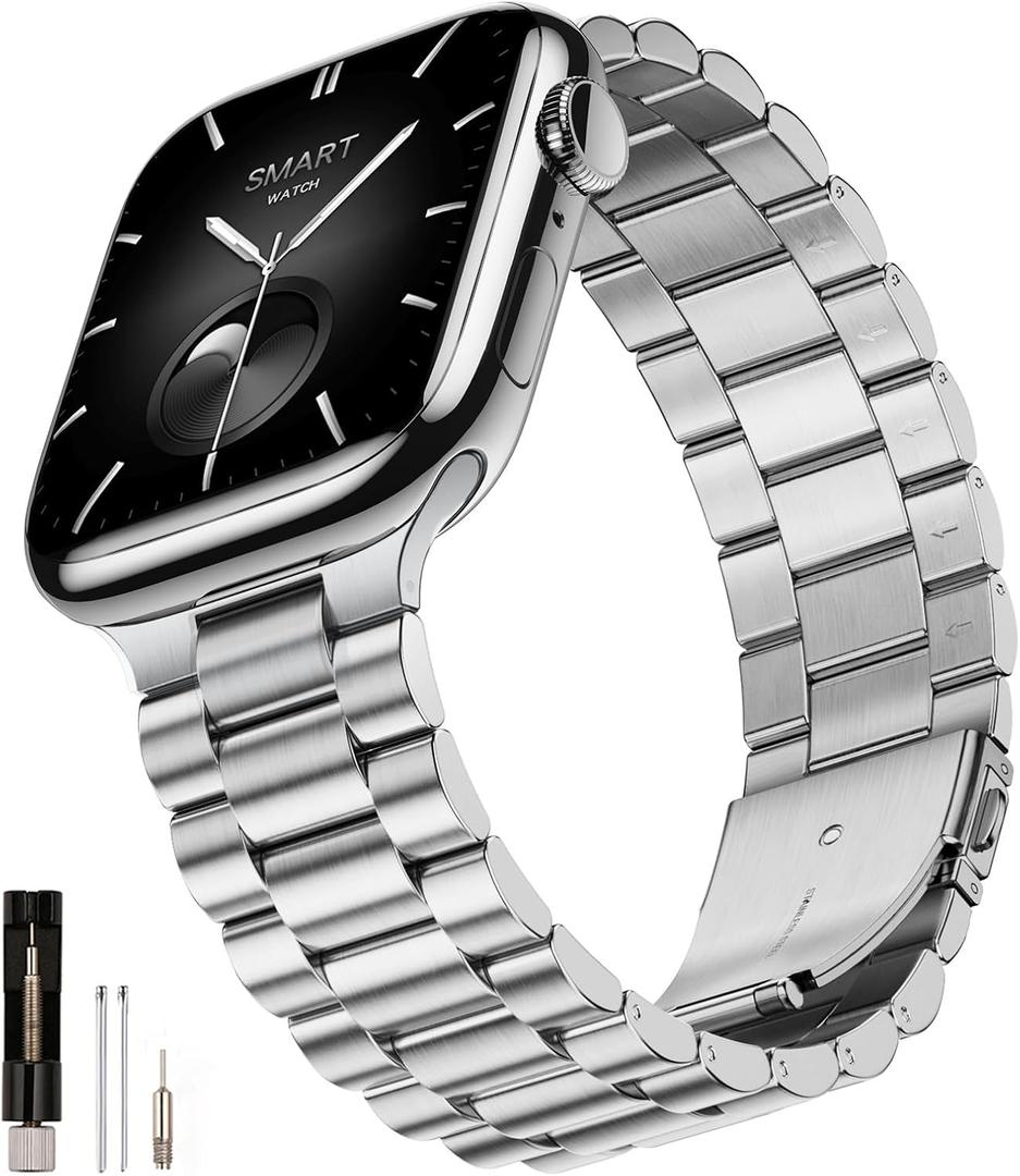 SUNFWR Compatible with Apple Watch Band for Men Women, Stainless Steel Metal iWatch Band for Apple Watch Size: 49mm/46mm/45mm/44mm/42mm (Series 3 2 1) (Silver)