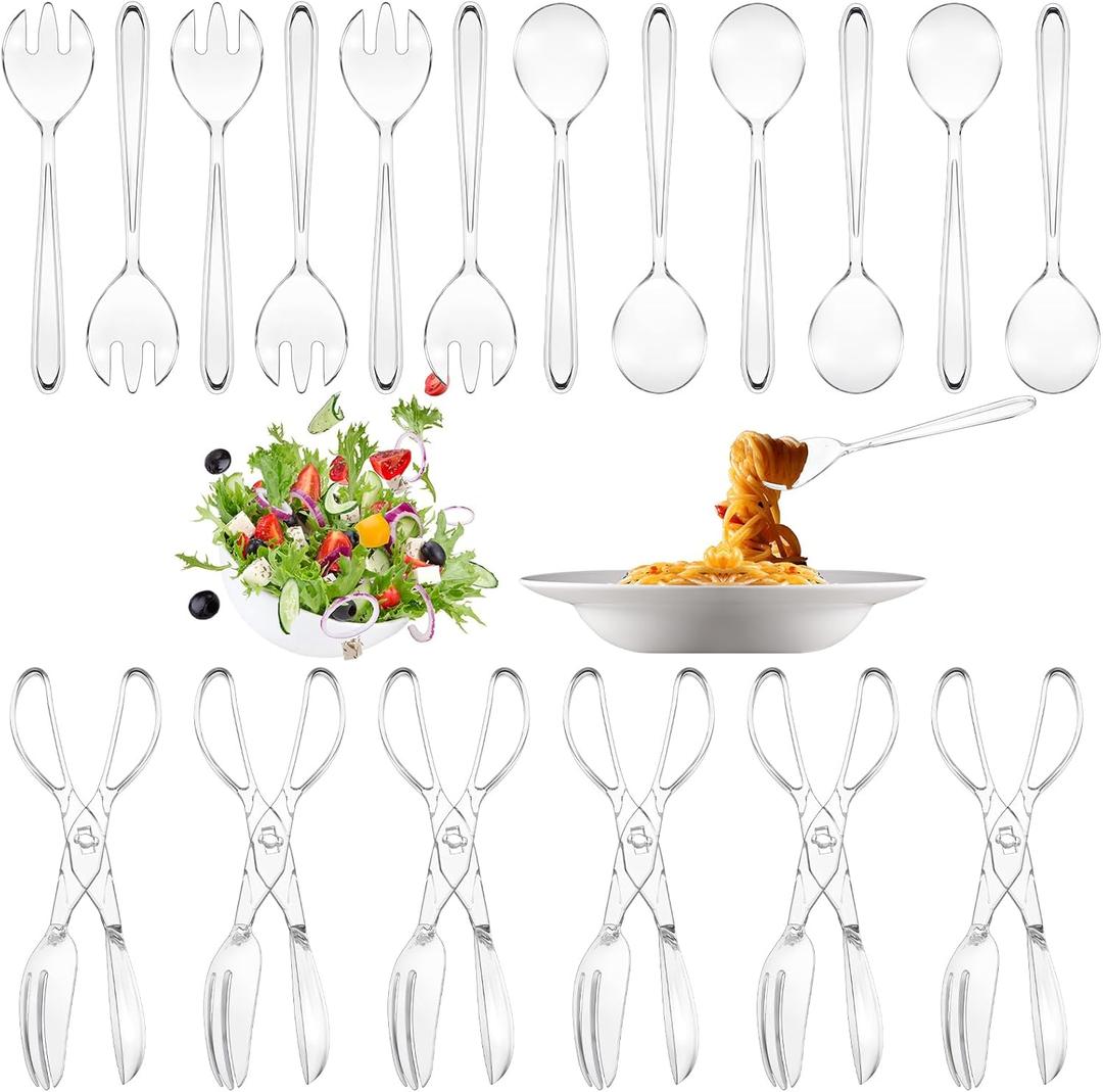 18 Pcs Plastic Serving Utensils 9" Clear Disposable Utensils Set Includes Spoons, Serving Forks, Tongs for Birthday, Wedding Parties, Buffet Cutlery Food (Clear)