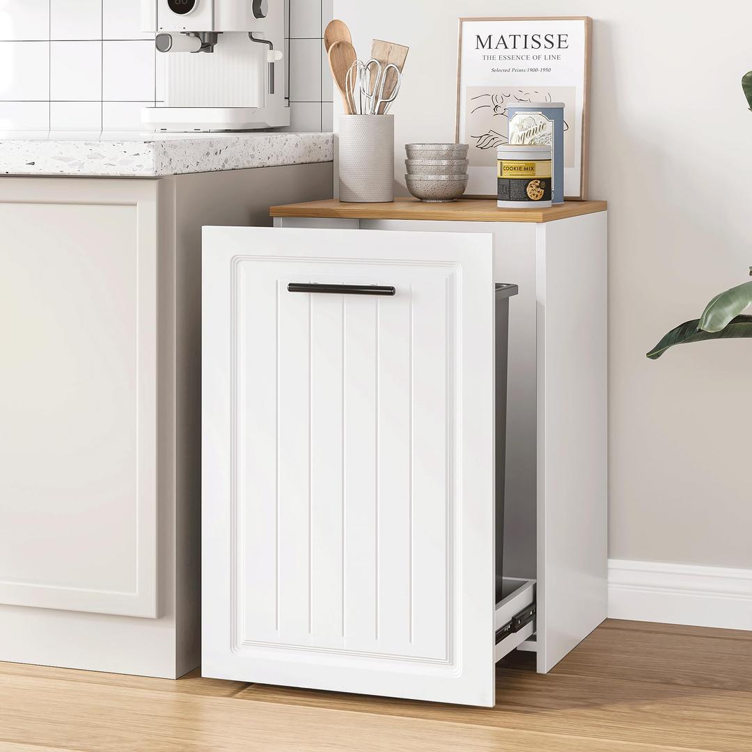 ZIFTY Pull Out Trash Can Cabinet for 10 Gallon Bin, Laundry Hamper, White