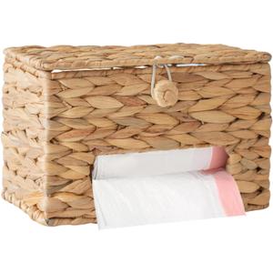 HYVAKUPPA Wicker Trash Bag Holder Dispenser for 13 Gallon with Lid Wall Mount Natural Water Hyacinth Handwoven Garbage Plastic Bags Holder Grocery Storage Organizer Under for Kitchen, Small