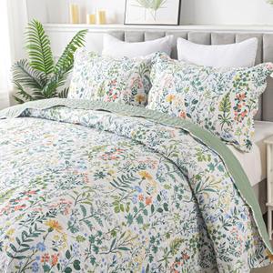 HoneiLife Floral Quilt King Size - 3 Pieces Microfiber Quilt Sets Lightweight Bedspreads Wildflower Coverlets Retro Bed Cover King Quilt Bedding Set All Season Quilts (King-106"x 96", Green & White)