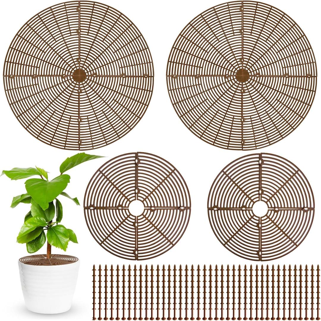 4 Pcs Plant Pot Grid,20.5 Inch 11.8 Inch Soil Protector Covers Cuttable Flower Pot Grid,Cat Digging Stopper Baby Safety Plant Pot Cover with Stakes for Indoor Outdoor