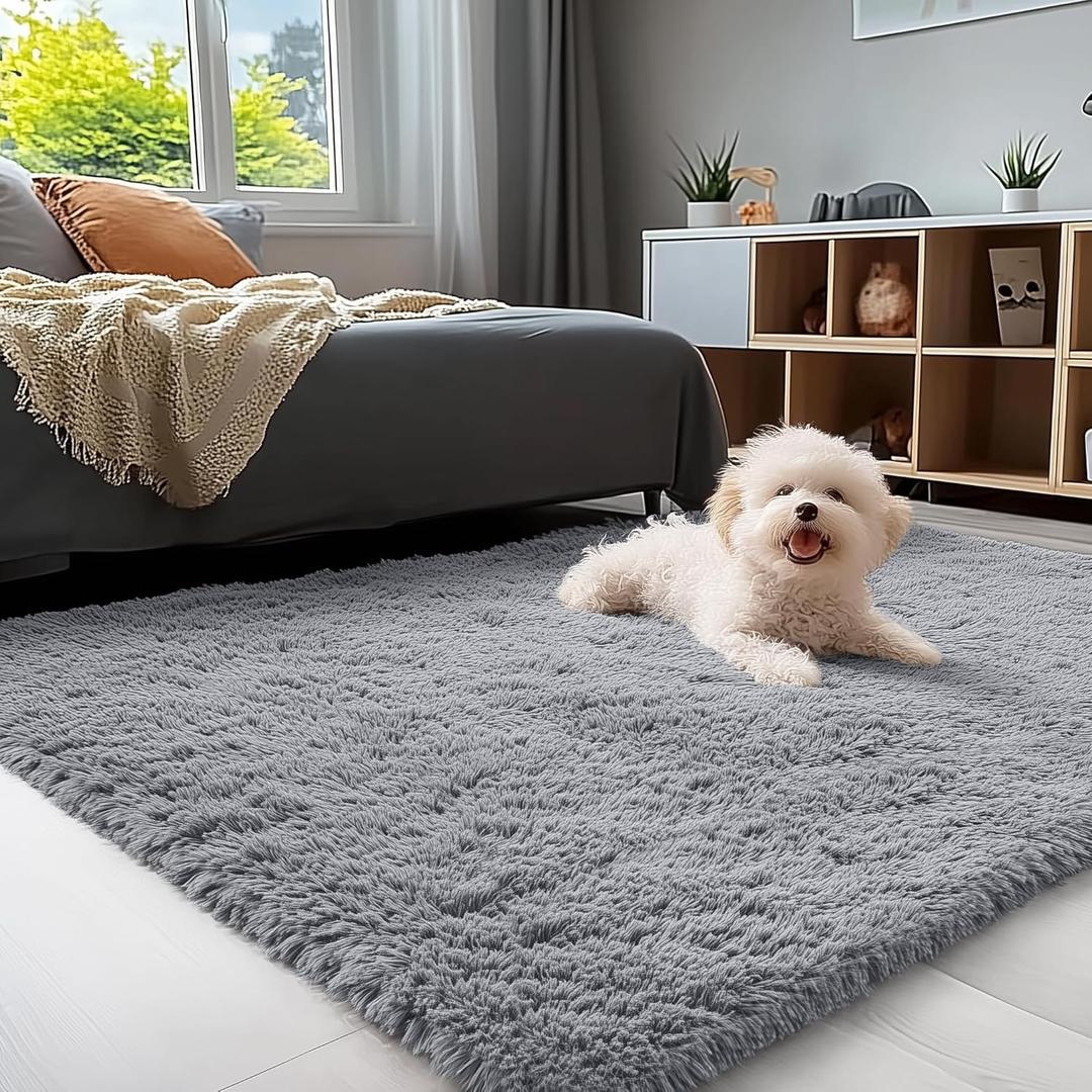OLANLY 3x5 Machine Washable Small Bedside Rug, Soft Fluffy Shaggy Rugs for Living Room, Bedroom, Indoor Floor Carpet for Kids Girls and Boys, Preppy Dorms, Nursery, Home Decor Aesthetic, Light Grey