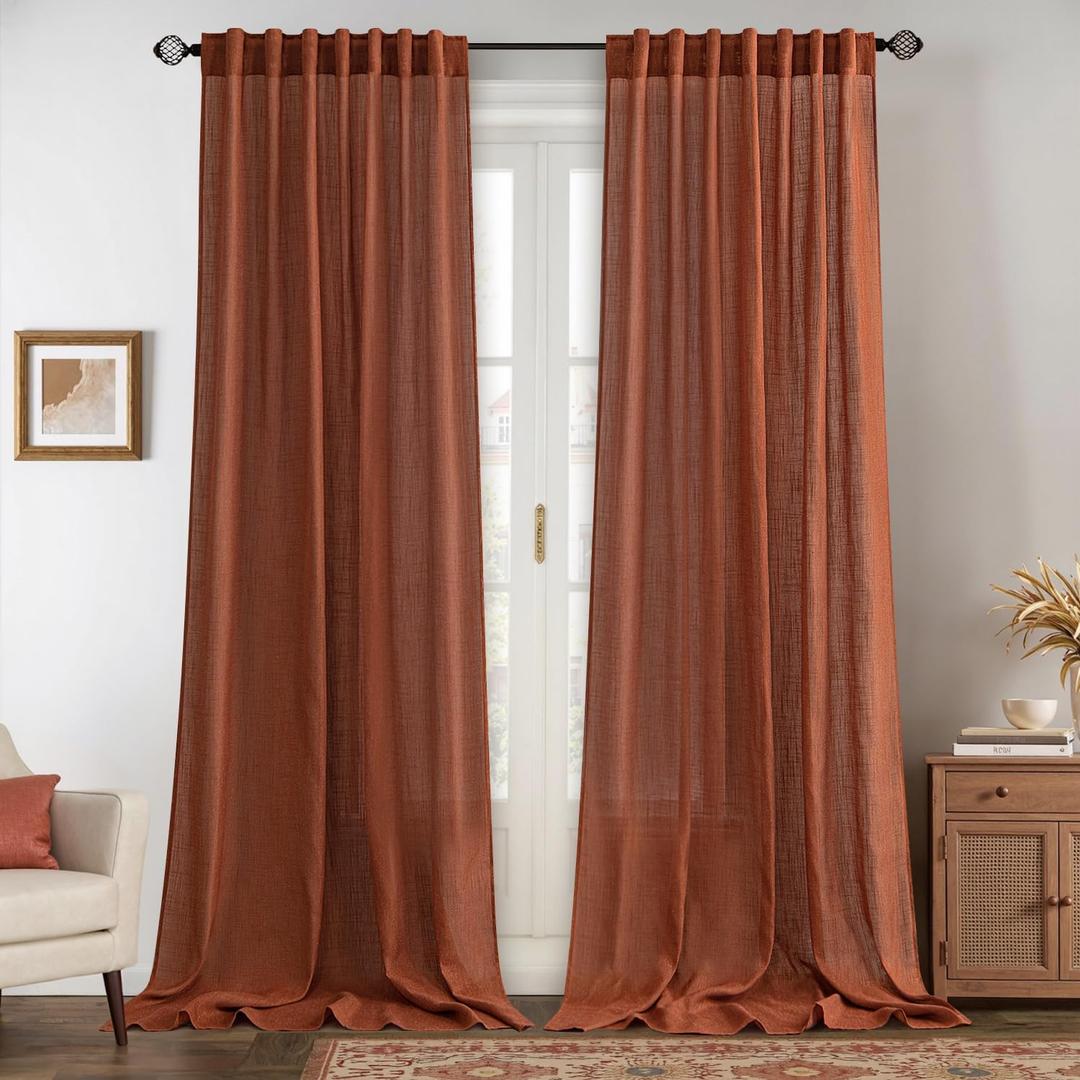 MIULEE Linen Curtains 96 Inch Length for Living Room 2 Panels, Burnt Orange Rust Rod Pocket Back Tab Light Filtering Semi Sheer Soft Linen Window Fall Drapes Farmhouse Curtains for Bedroom