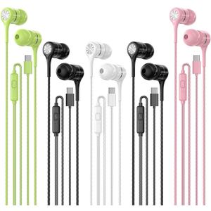 USB C Earbuds with Microphone 5 Pack, in-Ear Wired Headphones with Noise Isolating, Type C Earphone Heavy Bass Stereo Headsets Compatible with iPad, Android Smartphones, for Most USB-C Devices (Blue-Type C)