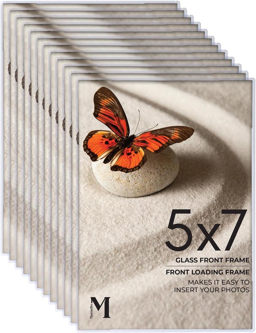Mantello 5x7 Inch Front Loading Picture Frames - Clear - Art Wall Hanging Table Desk - Family Gallery Multi Photo Frame - 12 Pack