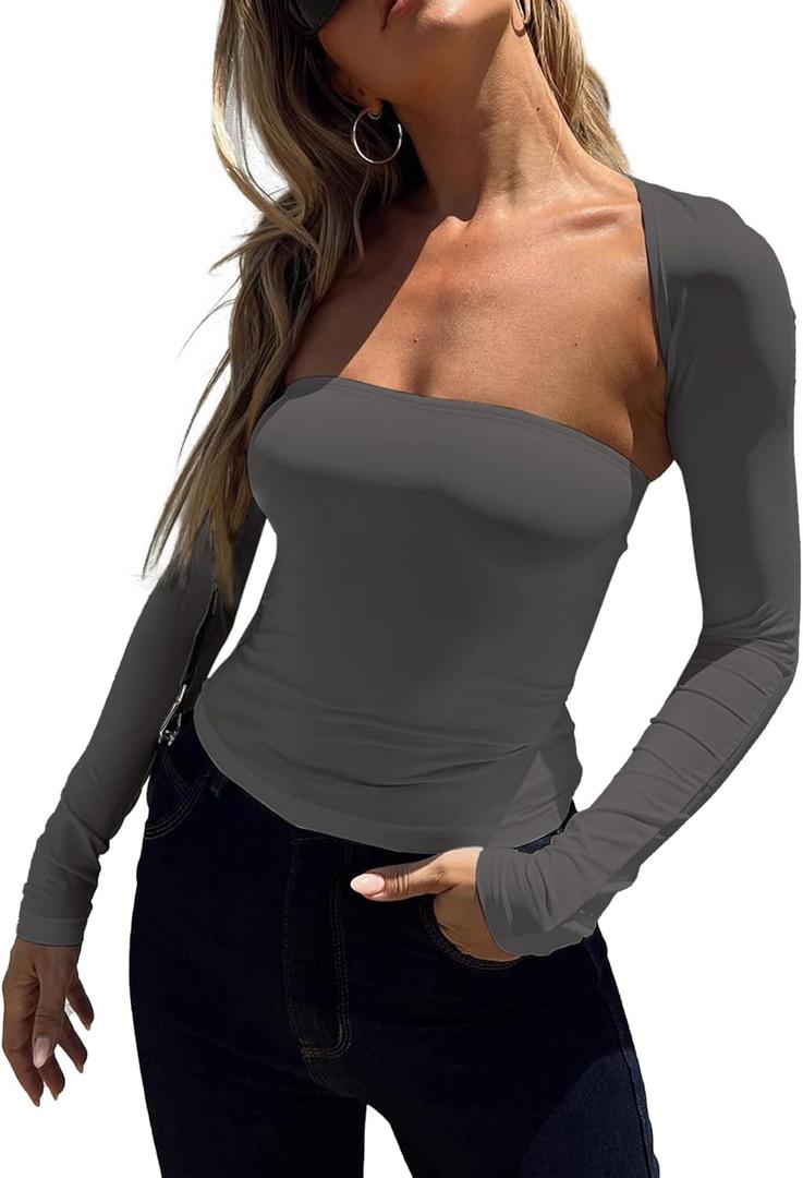 Women 2 Piece Long Sleeve Y2K Cardigan Bolero Shrug Set Strapless Going Out Crop Top 2023 Fashion T-Shirt Tank Tops (Gray)