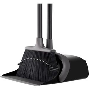 Broom with Dustpan Combo Set, Upgrade 52'' Long Handle Broom and Dustpan Set, Standing Dust pan and Brooms for Home Kitchen Office Lobby Floor, Dust Pan with Built-in Teeth for Easily Removing Hair (Gray)