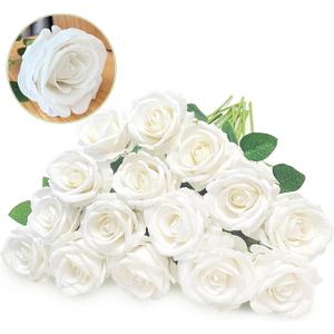 15Pcs Artificial White Roses, Artificial Silk Fake White Rose Flower with Single Long Stems, Realistic Forever Bouquet Flowers for DIY Arrangements Home Decor Office Garden Party Wedding Gifts