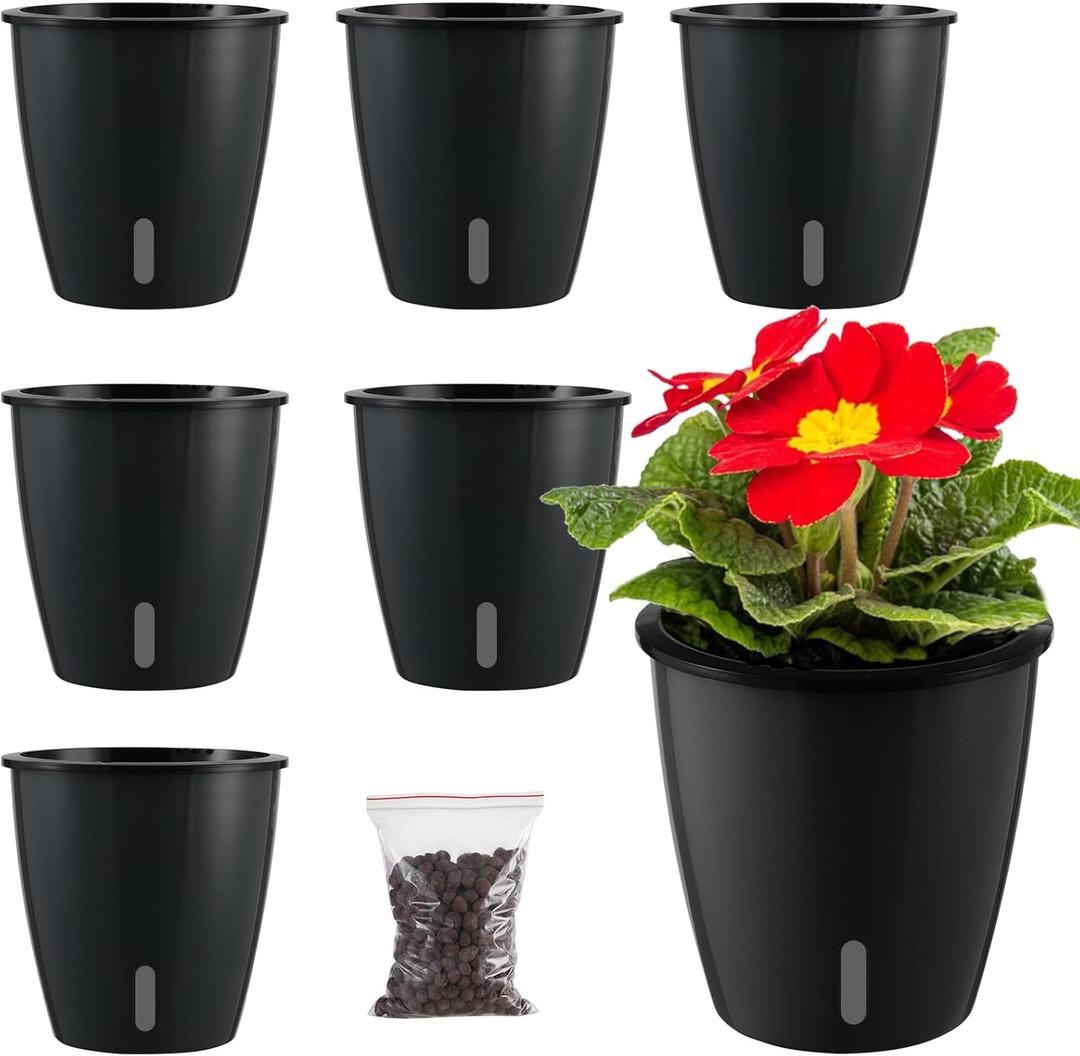 Planterhoma 5 Inch Self Watering Pots for Indoor Plants, 6 Packs African Violet Pots with Indicator, Black Wick Pot with Drainage Holes, Self Watering Planters for Orchid, Devil's Ivy, Black