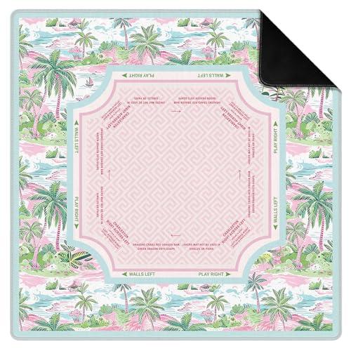 KBRCT Pink and Green Tropical Palm Tree Mahjong Mat for Table 31.5 x 31.5 in, Coastal Beach Ocean Waves Non-Slip Noise Reduction Game Table Cover for American Mahjong Card Board Tile Games