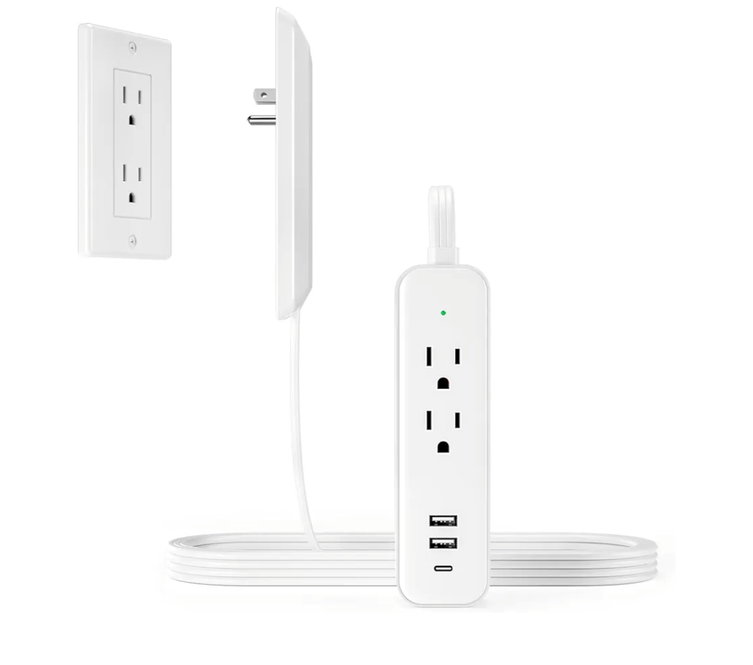 Flat Socket Extension Cord 8 FT Surge Protector Power Strip with 2 AC Outlets 1 USB C and 2 USB A Ports, Multiple Wall Outlet Extender Suitable for Home Dorm Desk Garage Work Travel Apartment (8FT)