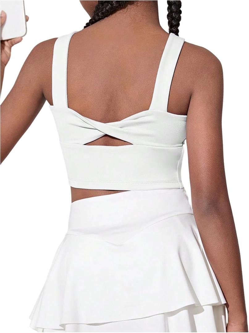WDIRARA Girl's Twist Back Sports Bras Backless Tank Top Workout Sports Shirts for Gym (5T, White)