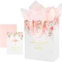Crisky 13" Large Pink Floral Gift Bag (Showered with Love) with Cards & Tissue Paper for Wedding, Bridal Shower, Engagement Party Favor