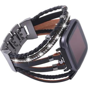 Posh Leather Bands Compatible with Fitbit Versa/Fitbit Versa Lite/Fitbit Versa 2 Bands for Women, Handmade Multilayer Wrap Bracelets Jewelry Strap Wristband for Fitbit Versa Smart Watch
