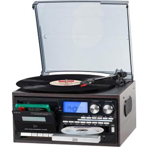 9-in-1 Retro Turntable with Built-in Speakers, Reocrd Player with Bluetooth, AM/FM Radio, CD, Cassette, USB/SD Playback, Remote Control, and Headphone Jack (Dark Brown)