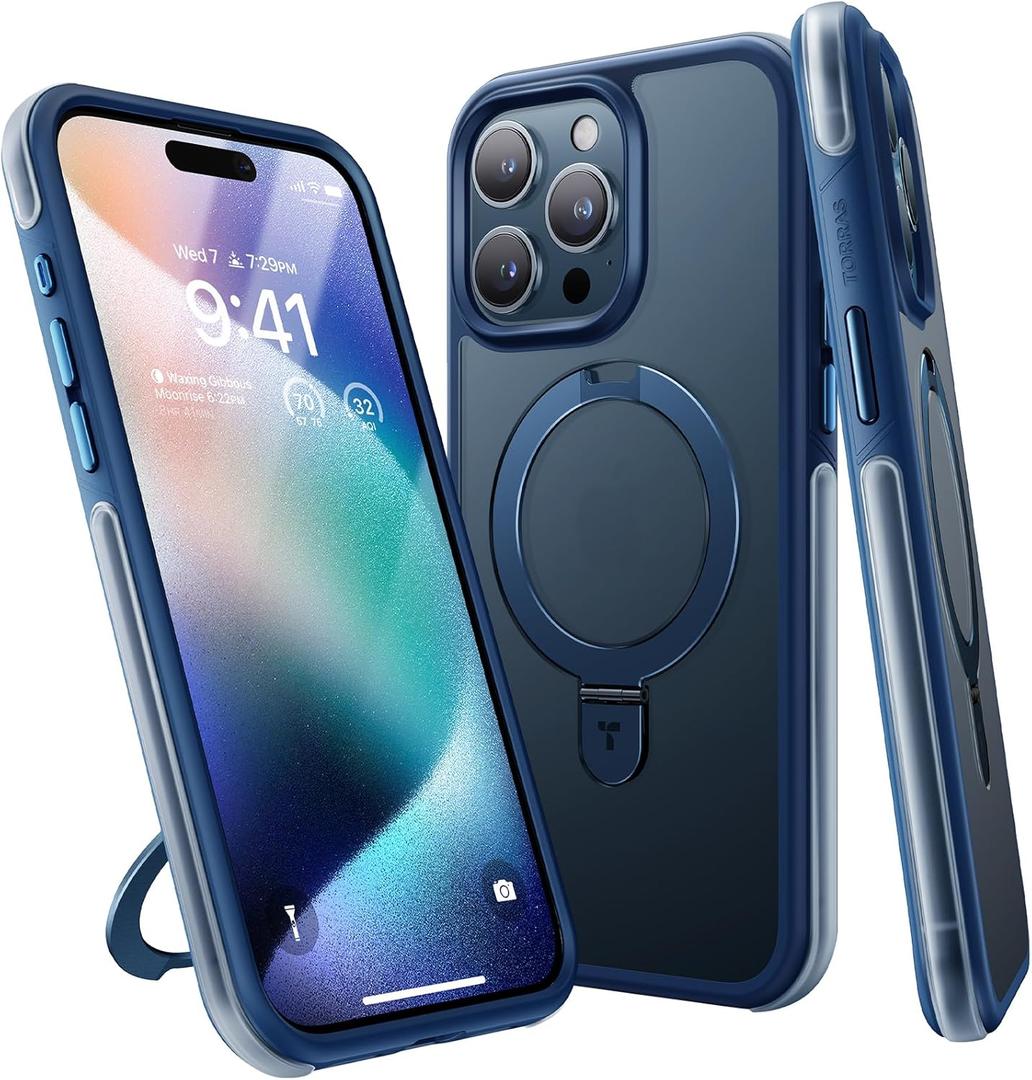 TORRAS Ostand ShieldMate for iPhone 15 Pro Case with Airshoes-Like Bumper, Military Grade Drop Protection, Compatible with MagSafe, Build-in Stand & Ring Holder Case for iPhone 15 Pro Phone Case Blue
