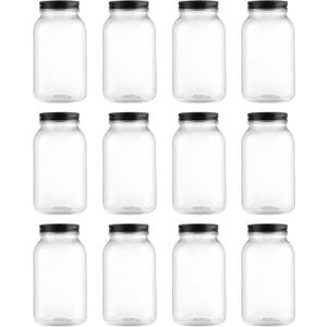 novelinks 32 OZ Clear Plastic Mason Jars with Lids - Dishwasher Safe Plastic Mason Jars 32 OZ Plastic Jars with Lids for Kitchen & Household Storage (12 Pack) (Black)