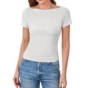 Dwnval Womens Cute Boat Neck Long Sleeve Crop Tops Soft Ribbed Knited Cropped Tees (White, M)