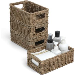 4 Small 3.6 QT Seagrass Wicker Baskets for Shelves, 10" Long Woven Pantry Organizers and Storage Basket, Decorative Rattan Shallow Rectangle Baskets for Organizing Countertop Kitchen