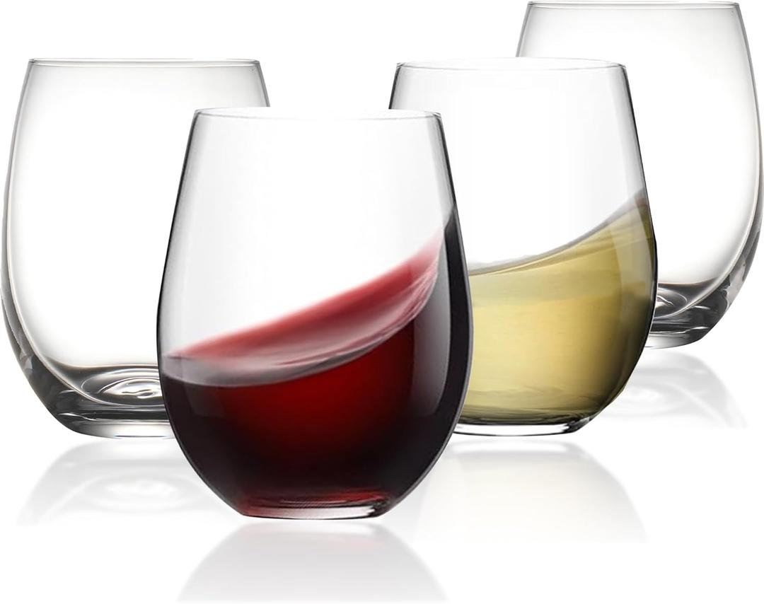 Stemless Glass, Red & White 15oz Stemless Glass Set of 4, Drink Glasses with Durable Chip Resistant Rim, Large Glasses for Enhanced Aeration, Accessories for Parties (15oz - 4Pack)