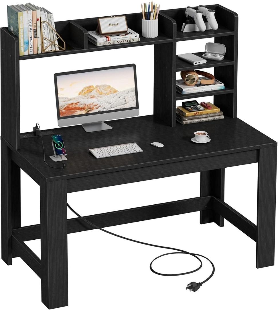 WINAZ 43" Black Gaming Desk with Hutch and Built-in Power Outlet, 42.5"