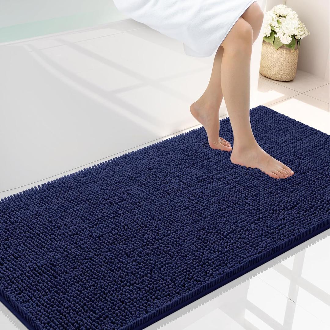 Smiry Luxury Chenille Bathroom Rugs 47x24, Extra Soft and Absorbent Shaggy Bath Mat, Machine Washable, Non-Slip Plush Carpet Runner for Tub, Shower, and Floor, Home Decor Accessories, Navy Blue