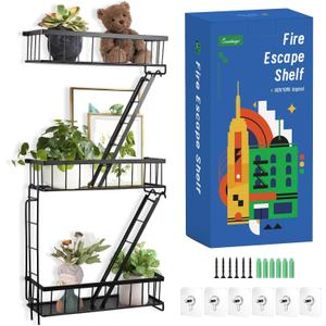 Fire Escape Wall Shelf - New York Decorative Ladder Shelf, Wall Art Floating Shelf Black Metal Shelves for Bedroom, Home Office Storage and Display (3-Tier)