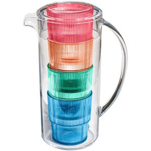Fine Ribbed Glasses & Pitcher - Multicolor - Set of 5 (91 Ounces)