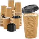 SIUQ 16 oz Coffee Cups-90 Pack Disposable Coffee Cups with Lids and Straws, Insulated Ripple Wall To Go Paper Coffee Cup for Coffee, Juice, Hot Chocolate and Hot Tea Drinks - Champagne