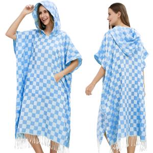 Men Women Hooded Towel Changing Wearable Cloth Swim Parka Jacket Swimsuit Bikini Coverup Dry Robe Bathing Suit Dress Wrap Plus Size for Beach Hiking Pee Surf Board Pool Shower (Blue Checkered)