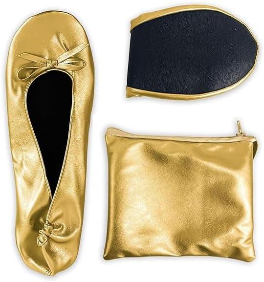 Women's Foldable Dance Shoes Ballet Flats (Large, Gold)