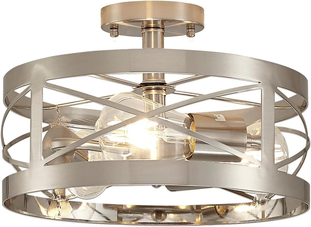 Modern 3-Light Semi-Flush Mount Ceiling Light 13 Inches Round Lighting Fixtures for Kitchen Island Dining Room Bedroom Farmhouse Foyer Hallway Front Door, Brushed Nickel Finish